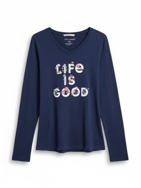 Life Is Good Women’s Navy Long Sleeve Sleep Tee with Small Logo Patch size XL